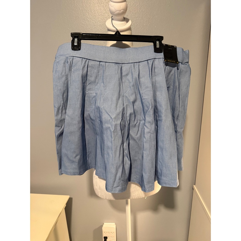 Kroix Premium Denim Light Wash Blue Pleated Mini Skater Skirt Womens 1X NWT - Picture 6 of 10